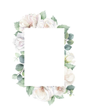 Watercolor vector floral frame. White roses and greenery. Branches of eucalyptus. Wedding, greetings, wallpapers, fashion and social media. Hand painted illustration.