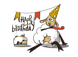Yappy birthday postcard with tired sheep and cake. Funny animal concept
