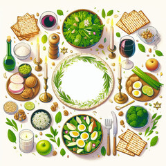 vignette for Lent, greens, salad of apples and nuts, grated horseradish, cut boiled eggs, matzo, candles, wine, in the middle there is a place for an inscription, a star of David, on a white backgroun