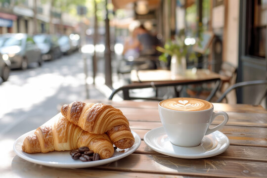 The scene of coffee and croissant on a café terrace. Depicts a relaxed moment outdoors.