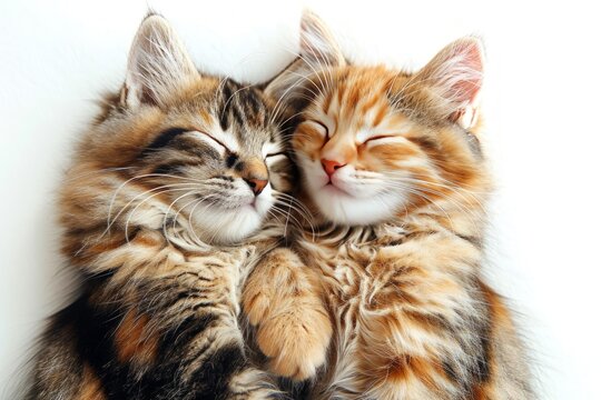 Two cute and sweety fluffy kittens sleep in an embrace, cuddled up to each other. Concepts: love, care, warmth, lovers, Valentine's day