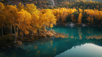 Golden sunrise over forest and calm lake in autumn tranquility