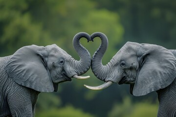 Two gray elephants standing facing each other with their trunks closed in the shape of a heart, green background. Concepts: love, lovers, Valentine's day
