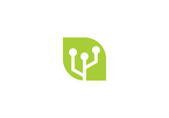 leaf tech logo. creative nature digital connection icon design template