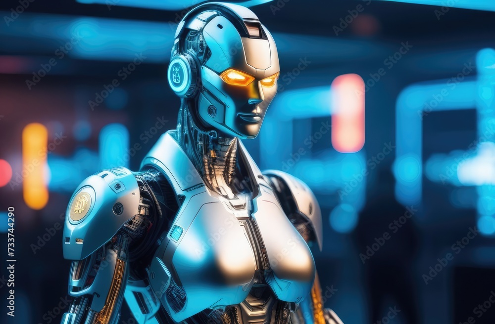 Aufkleber powerful futuristic android robot with metallic body and glowing eyes in determined pose.