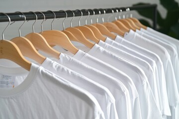 Close-up of white t-shirts on hangers, a collection of white t-shirts hang on a wooden clothes hanger