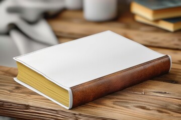 Blank white book mockup on wood desk