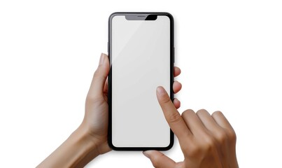 Hand holding smartphone and finger pointing on blank screen isolated on transparent background cutout, PNG file. Mockup template for artwork design.