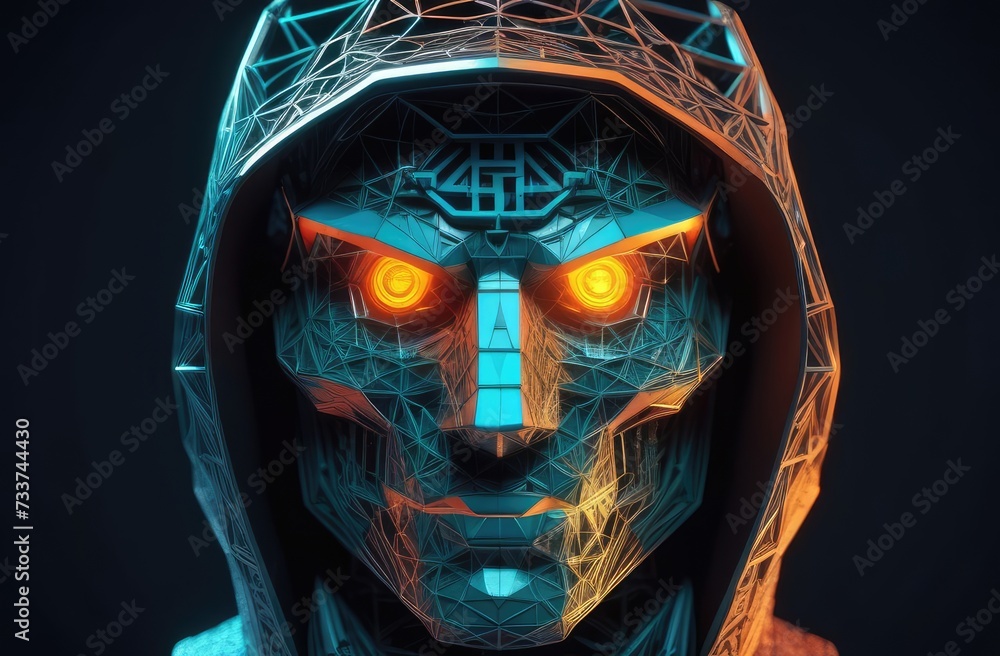 Poster head of futuristic android metal robot with glowing eyes looking forward in threatening manner.