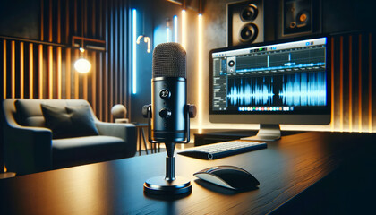 A Sleek Podcast Studio with State-of-the-Art Technology. Crafting Sound in Style: Modern Recording Equipment in a Professional Setting.