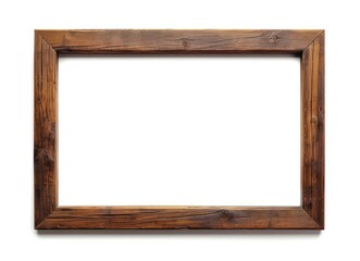 Classic wooden frame isolated on white background. Narrow brown template. Mockup for photos or pictures. Front view. Real photo.