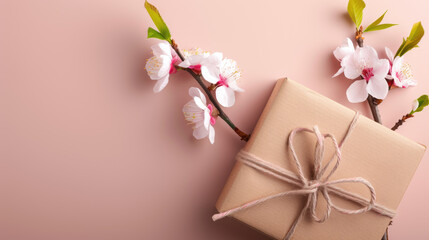 Valentine's Day. women's Day. gift box and branch of blossoming sakura on a pink background. space for text.
