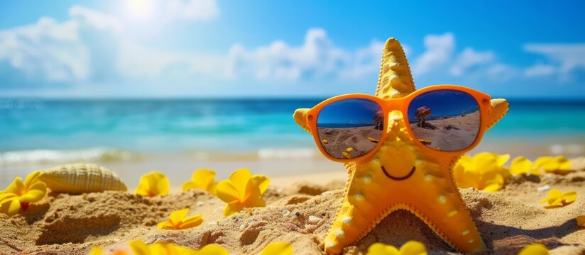 Summer Getaway: A Playful Starfish Sports Sunglasses on a Sunny Tropical Beach. Vacation Vibes: Whimsical Beachside Fun with Vibrant Yellow Flowers and Ocean Reflections.
