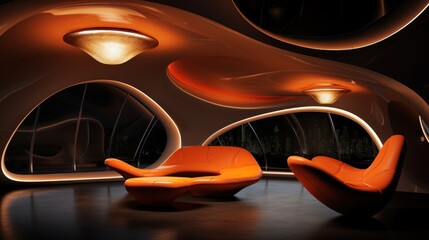 A futuristic lounge area with orange chairs and a large light, AI
