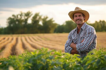 Happy farmer with arms akimbo standing in farm