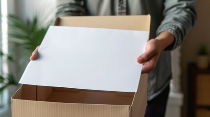 blank white card in front of an open cardboard box, with a wooden wall