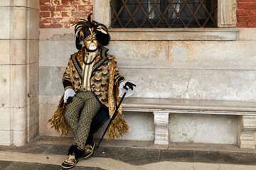 Venice, Italy - February 2024 - carnival masks are photographed with tourists in San Marco square