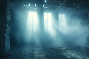 Fototapeta na wymiar Empty abandoned ruined building inside in smoke and fog