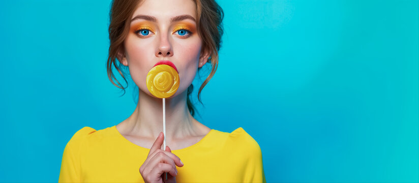 femme brune qui l&egrave;che une sucette en regardant vers nous - vue de face - fond bleu