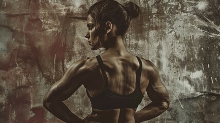 Fit woman doing exercises in confidence, grunge style - obrazy, fototapety, plakaty