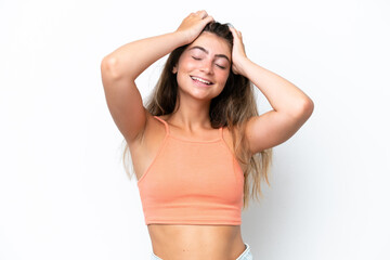 Young caucasian woman isolated on white background laughing