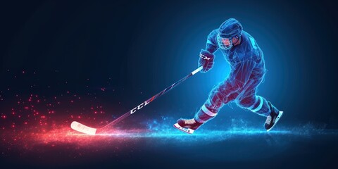 Abstract silhouette of a hockey player from particles. Dots, lines, triangles text color effects and background on a separate layers. Low poly neon wire outline geometric polygonal  illustration