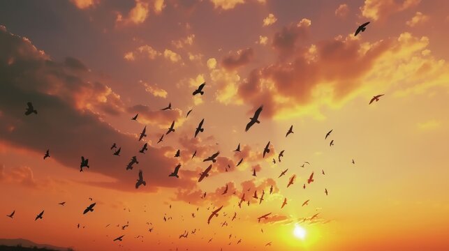 Aerial View of Majestic Migratory Birds Soaring in Formation at Sunset AI Generated.