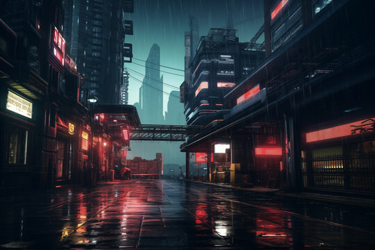 Cyberpunk city. Dystopic urban digital painting of futuristic cityscape with high tech buildings and glowing neon lights