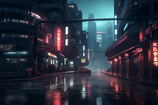 Futuristic cyberpunk city. Future cityscape with high tech buildings and skyscrapers, neon lights and empty rainy streets. Digital illustration