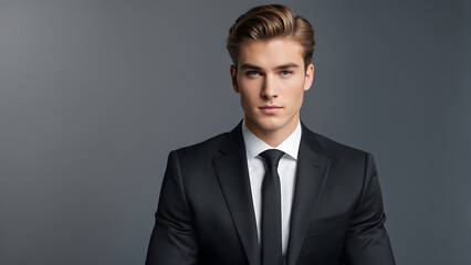 A smart man with a slightly nervous expression going to an interview wearing a suit. Generative AI.