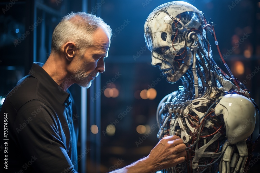 Aufkleber scientist examining intricate inner workings of advanced android in futuristic laboratory