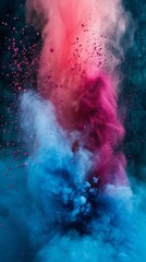 Freeze motion of blue and pink color powder exploding on black background. Vertical