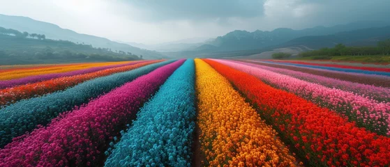 Fotobehang Bright multicolored tulip field in spring. Picturesque natural landscape © David