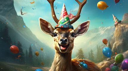 Funny deer with birthday party hat on background