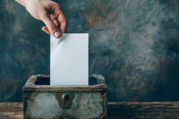 hand delicately holds a blank piece of paper above an antique ballot box