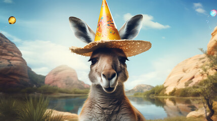 Obraz premium Funny kangaroo with birthday party hat on background
