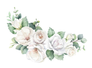 Obraz na płótnie Canvas Watercolor vector floral wreath. White roses and greenery. Branches of eucalyptus. Perfect for wedding, greetings, wallpapers, fashion, fabric, home decoration. Hand painted illustration.