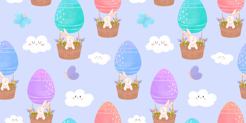 Easter bunnies Seamless pattern on an egg balloon, watercolor style, spring pattern with flowers and rabbits, Easter eggs seamless pattern, flowers and clouds, butterflies, spring print for textiles
