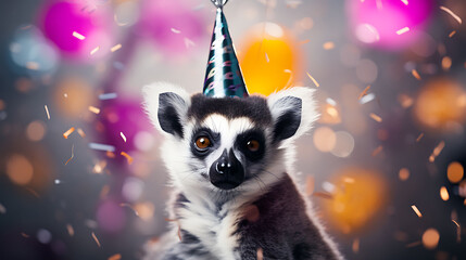 Funny lemur with birthday party hat on background