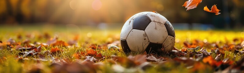 There is a soccer ball sitting in the grass with leaves flying around