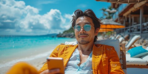 A stylish young man on the beach, enjoying relaxation, using a phone.