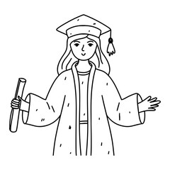 Graduate student. Hand drawn doodle style. Vector illustration isolated on white. Coloring page.