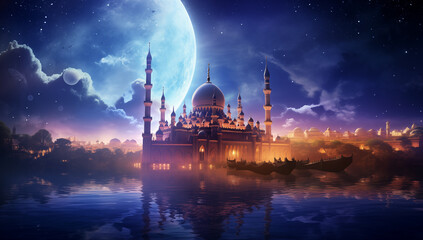 Fototapeta na wymiar fantastic banner with a mosque on the coast at night on the background of the sky with a big planets