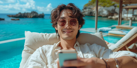 A cheerful young Asian man in a chair by the beach, enjoying a relaxed vacation.
