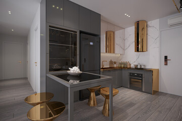 Dark gray home kitchen interior eating table with golden stainless stools and kitchen appliances.