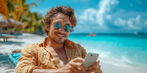 A handsome and satisfied man on the coastline, using a smartphone in a tropical paradise.