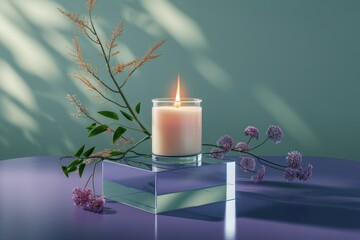Natural candle in glass jar for branding mockup on glass podium
