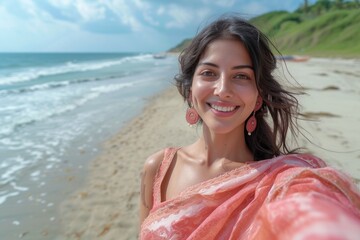 A cheerful Indian woman takes a summer beach selfie, radiating happiness and freedom.