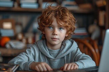 Contemplative redhead boy, alone at a desk, expresses boredom and fatigue during homework.