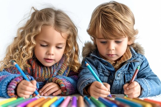 Preschool siblings, boy and girl, create adorable drawings with crayons, fostering childhood creativity.